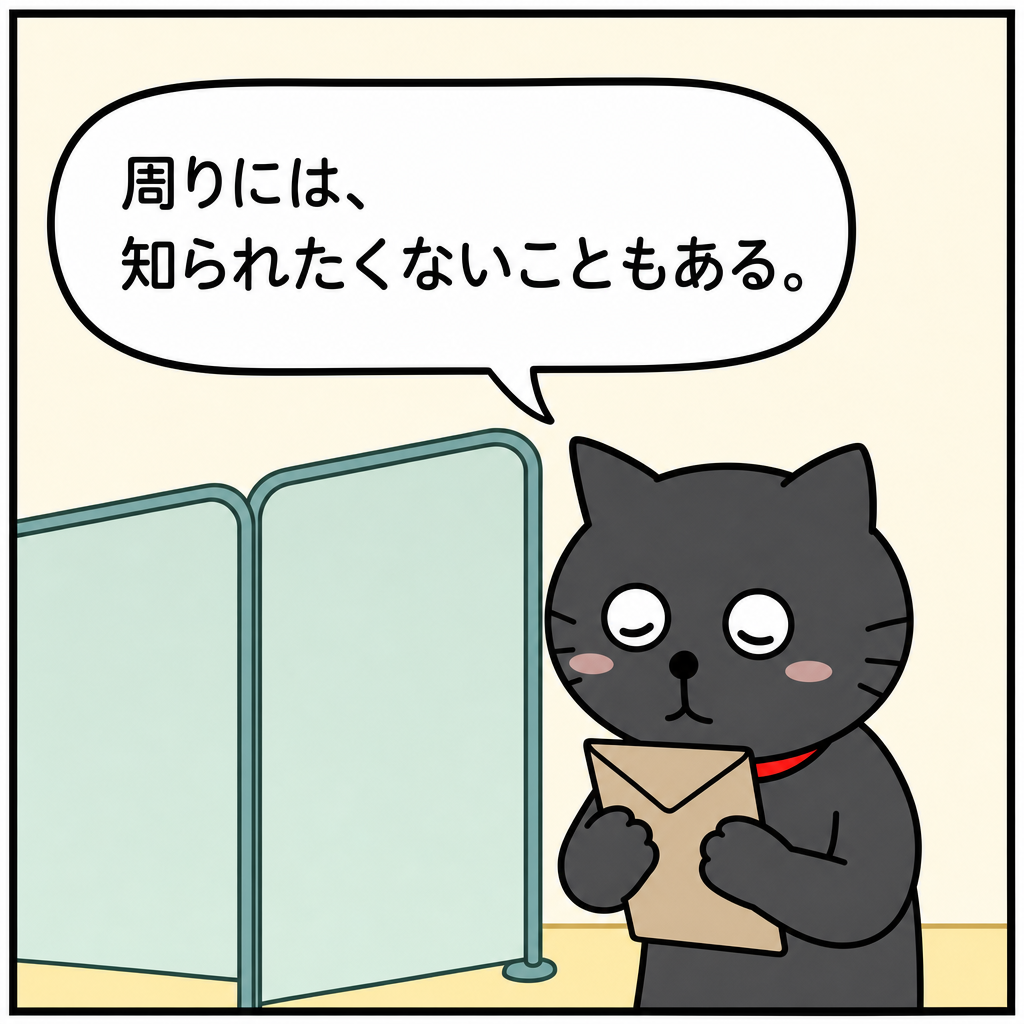 「周りには、知られたくないこともある。」と、閉じた封筒を胸に抱えて目を伏せる黒猫