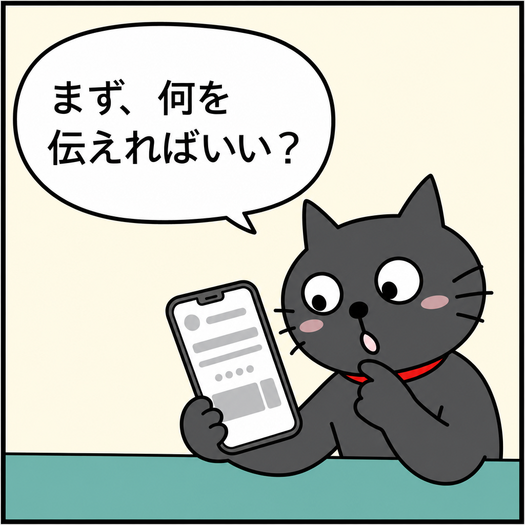 「まず、何を伝えればいい？」と、スマートフォンの相談画面をのぞき込む黒猫