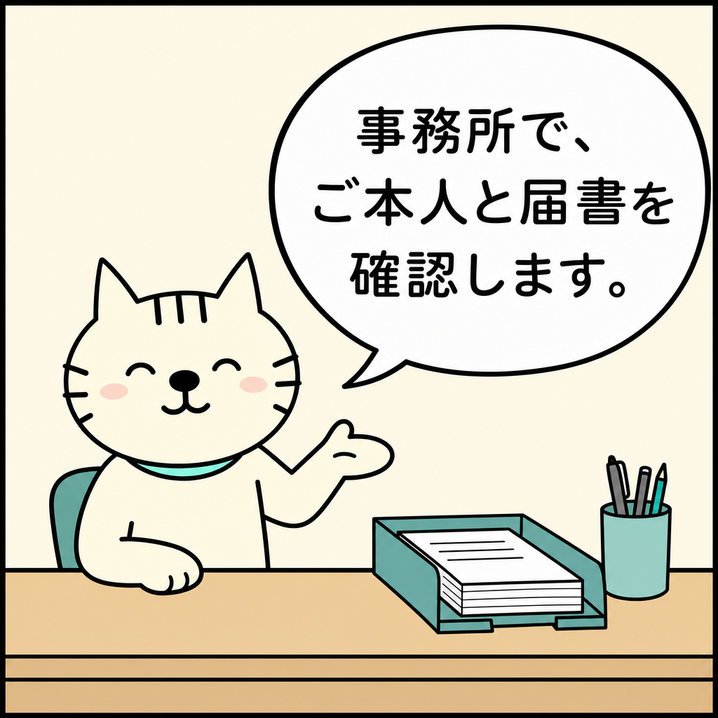 「事務所で、ご本人と届書を確認します。」と、届書トレーのある事務所机で迎える白猫